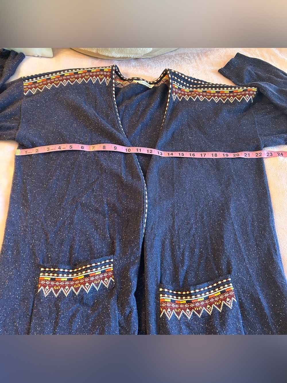 Soft Surroundings navy blue with aztec trim long open front duster cardigan - Picture 7 of 8